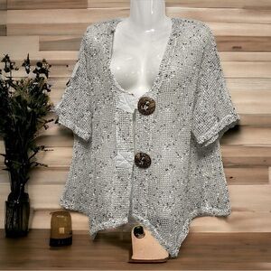 Frazzle  Open Knit Asymmetrical Hem 2 Button Cardigan Size L White Black